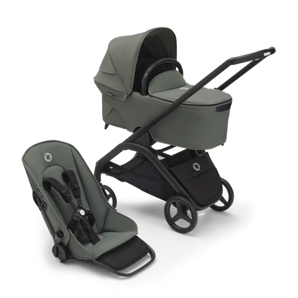 Bugaboo Dragonfly bassinet and seat stroller with black chassis, forest green fabrics and forest green sun canopy. - view 1