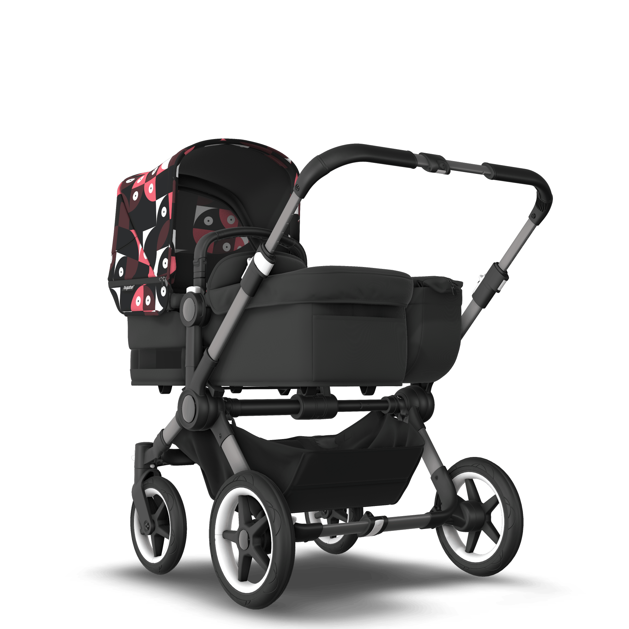 Bugaboo Donkey 5 Mono bassinet and seat stroller graphite base midnight black fabrics animal explorer pink/ red sun canopy