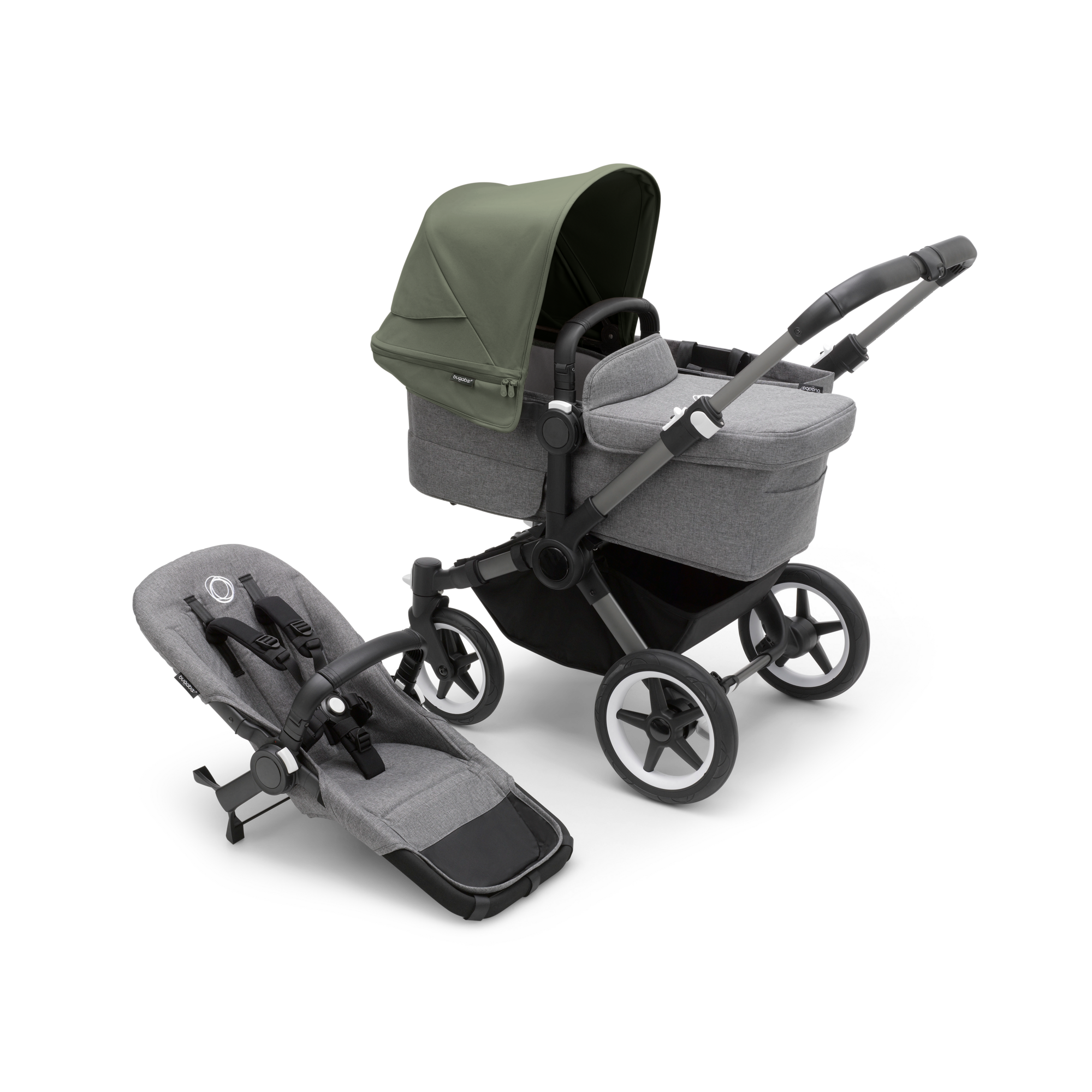 Bugaboo Donkey 5 Mono bassinet and seat stroller graphite base grey mélange fabrics forest green sun canopy