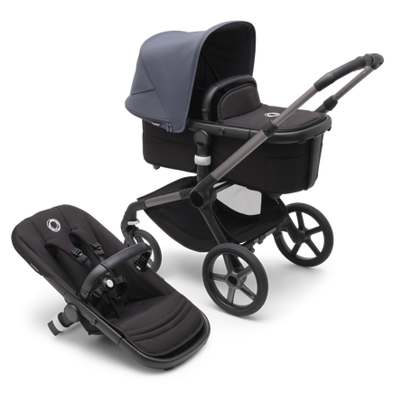 Bugaboo Fox 5 bassinet and seat stroller with graphite chassis, grey melange fabrics and stormy blue sun canopy.