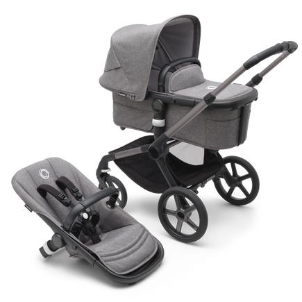 Bugaboo Fox 5 carrycot and seat pushchair with graphite chassis, grey melange fabrics and grey melange sun canopy.