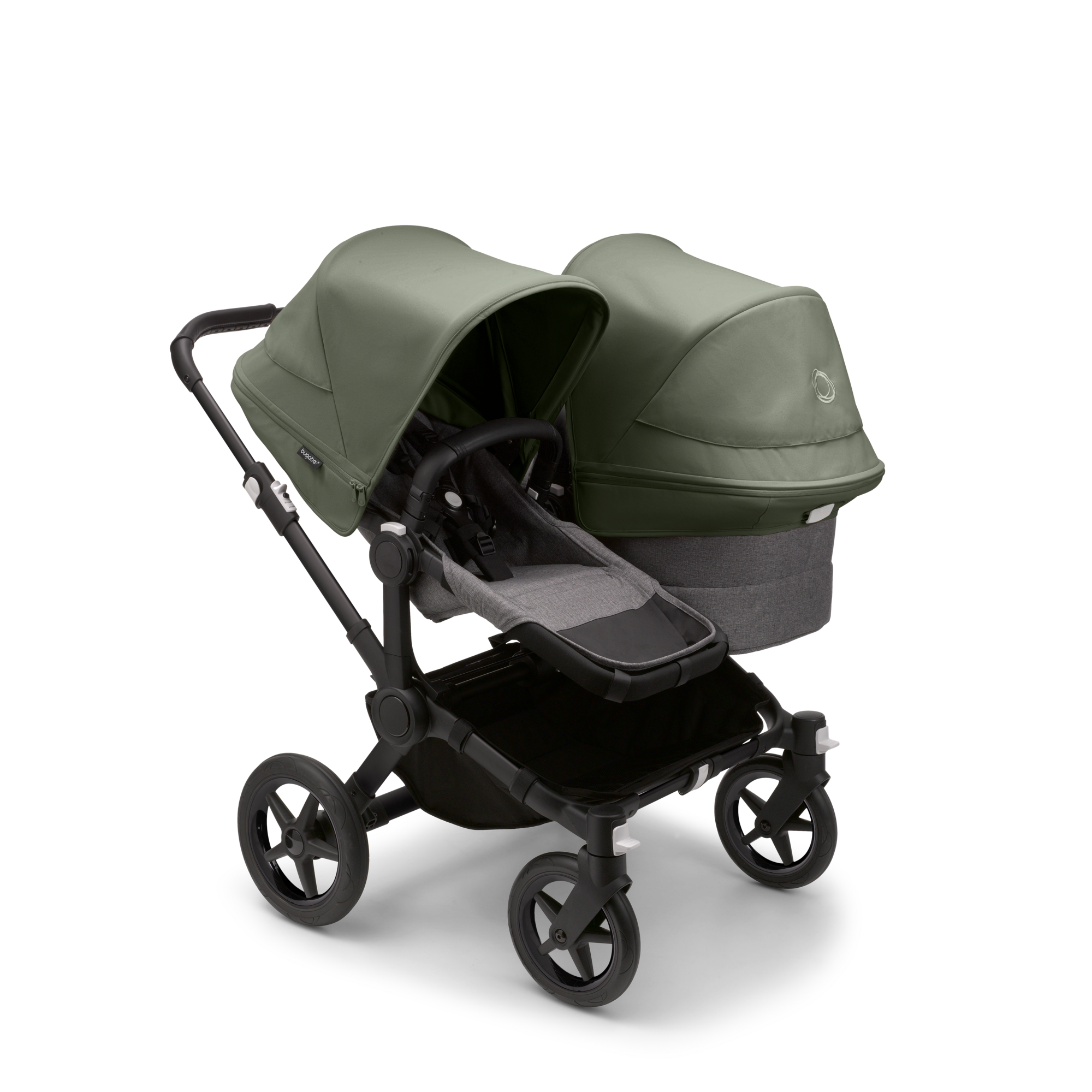 Bugaboo Donkey 5 Duo bassinet and seat stroller black base grey mélange fabrics forest green sun canopy