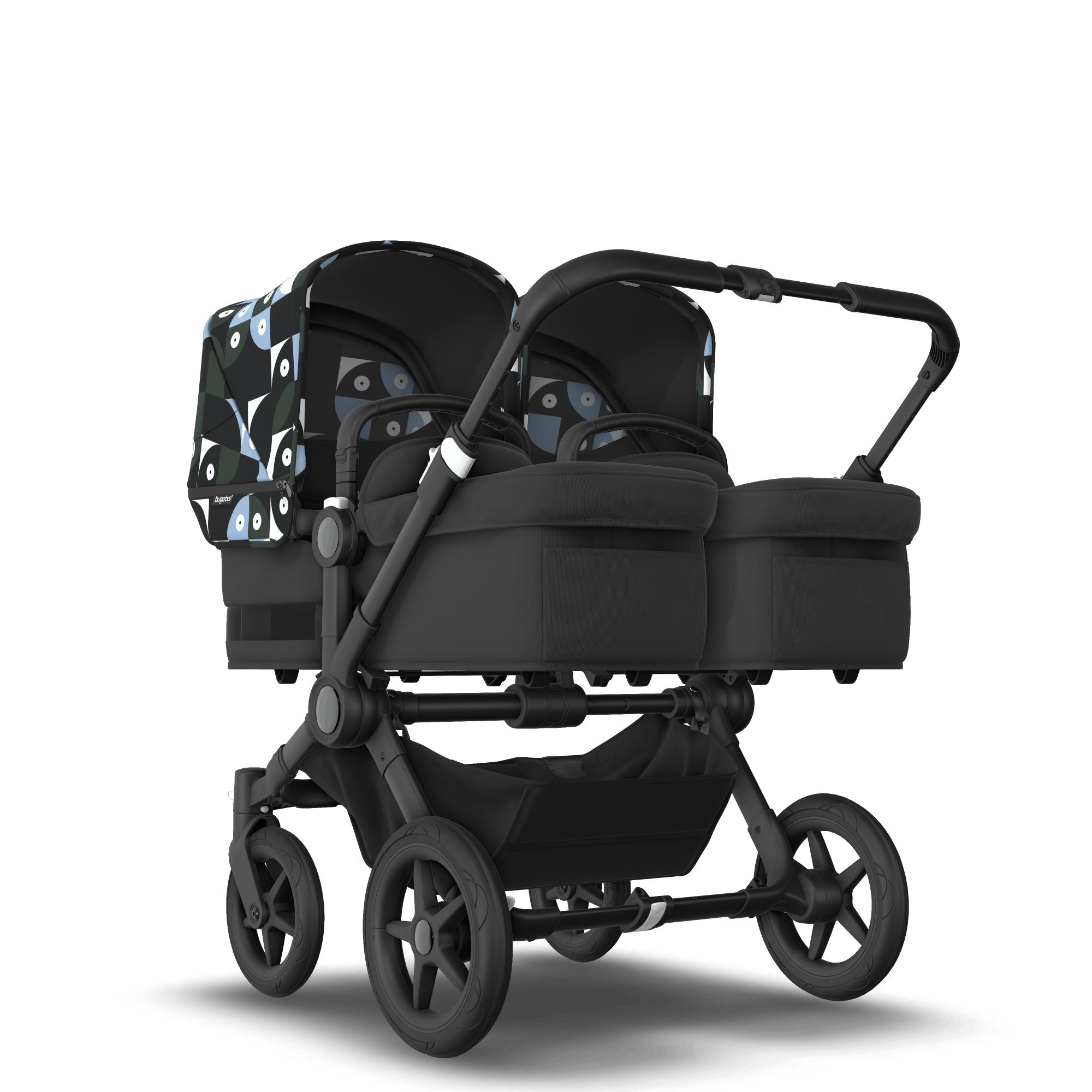 Bugaboo  Bugaboo Donkey 5 Twin bassinet and seat stroller black base midnight black fabrics animal explorer green/light blue sun canopy