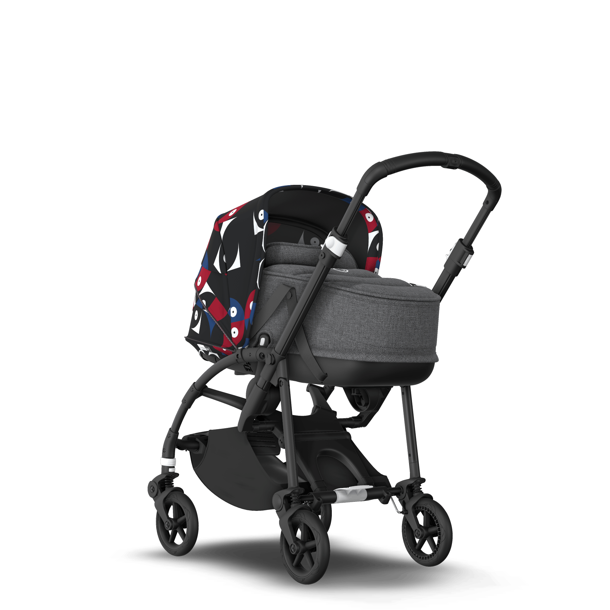 Bugaboo Bee 6 bassinet and seat stroller black base grey fabrics animal explorer red/blue sun canopy