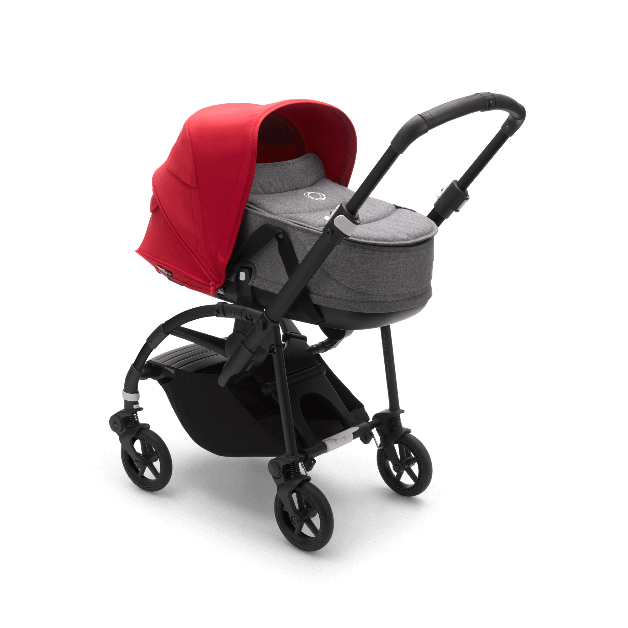 Bugaboo Bee 6 bassinet and seat stroller red sun canopy grey mélange fabrics black base