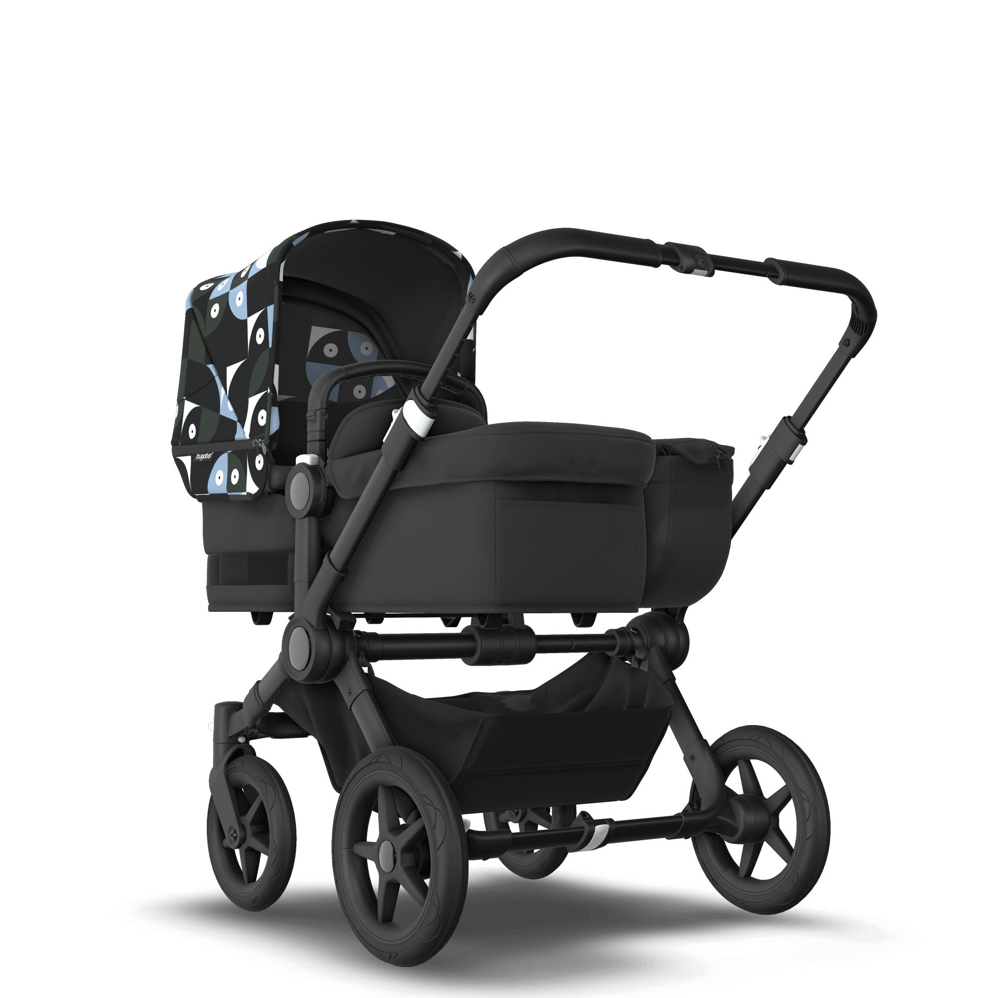 Bugaboo Donkey 5 Mono bassinet and seat stroller black base midnight black fabrics animal explorer green/ light blue sun canopy