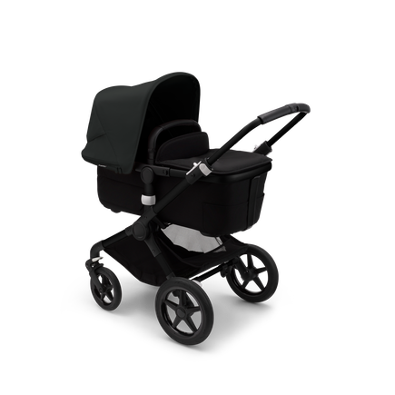 Bugaboo Fox 3 bassinet stroller with black frame, black fabrics, and black sun canopy. - view 2