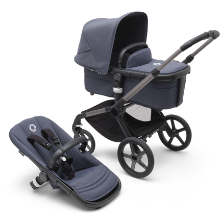 Bugaboo Fox 5 carrycot and seat pushchair with graphite chassis, stormy blue  fabrics and stormy blue sun canopy.