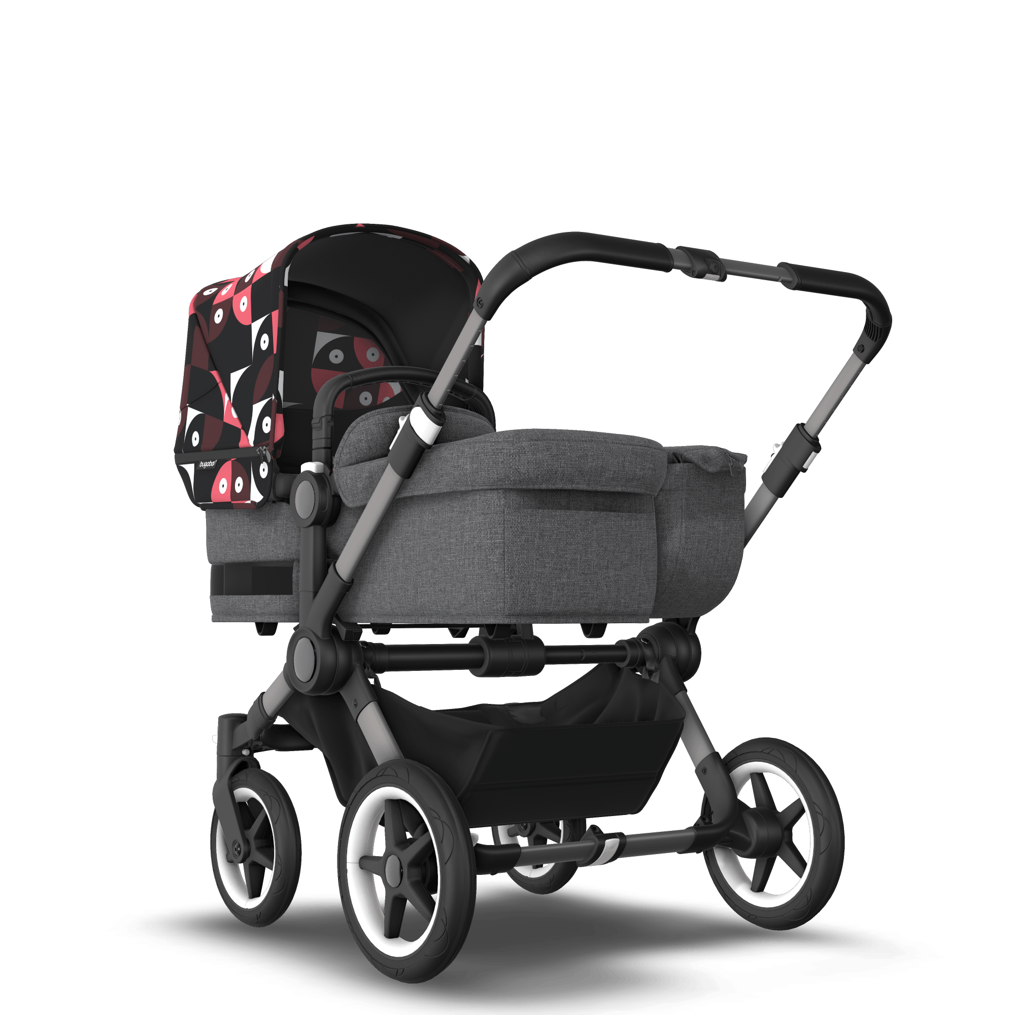 Bugaboo Donkey 5 Mono bassinet and seat stroller graphite base grey mélange fabrics animal explorer pink/ red sun canopy