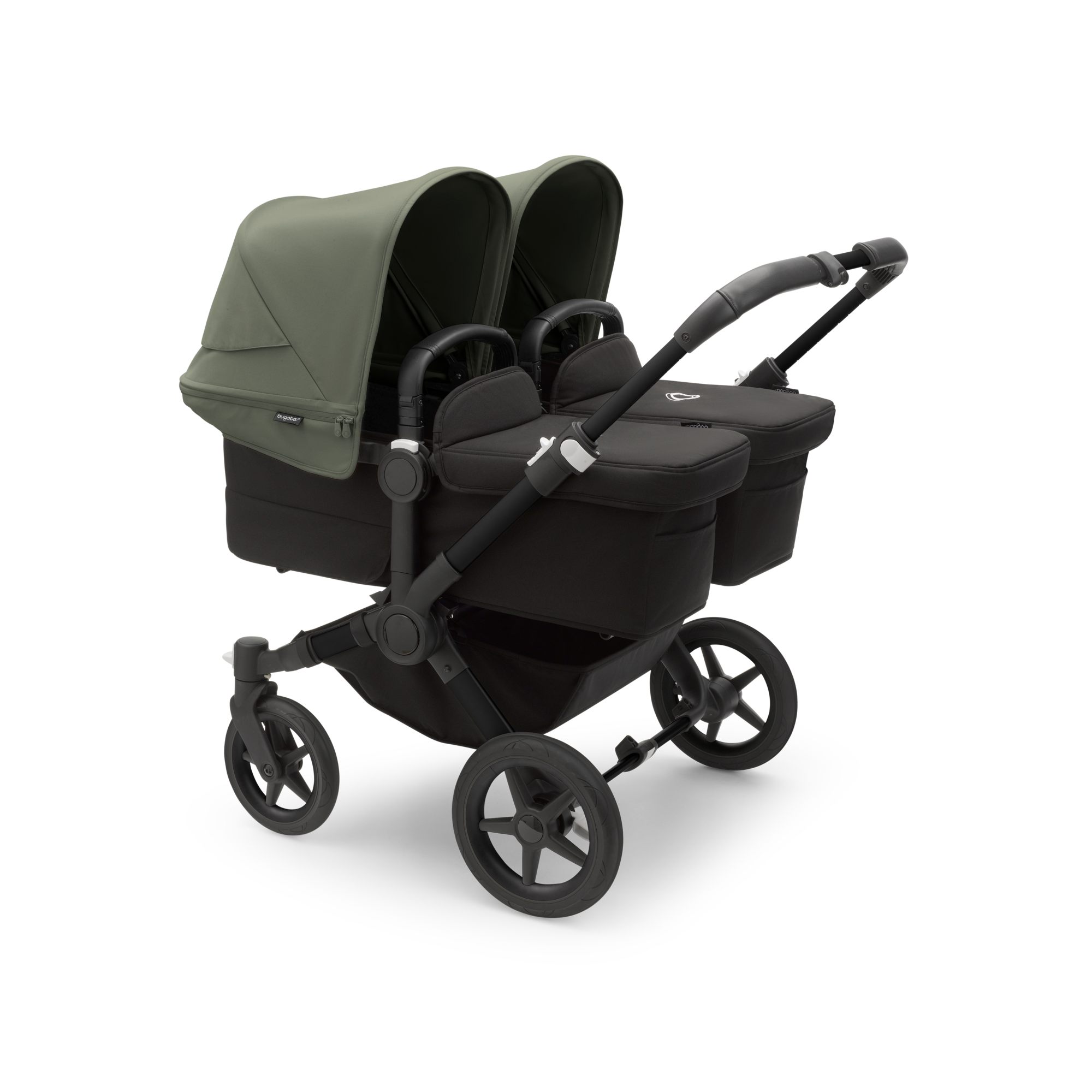 Bugaboo Donkey 5 Twin bassinet and seat stroller black base midnight black fabrics forest green sun canopy