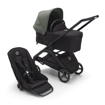 Bugaboo Dragonfly bassinet and seat stroller black base, midnight black fabrics, forest green sun canopy - view 1