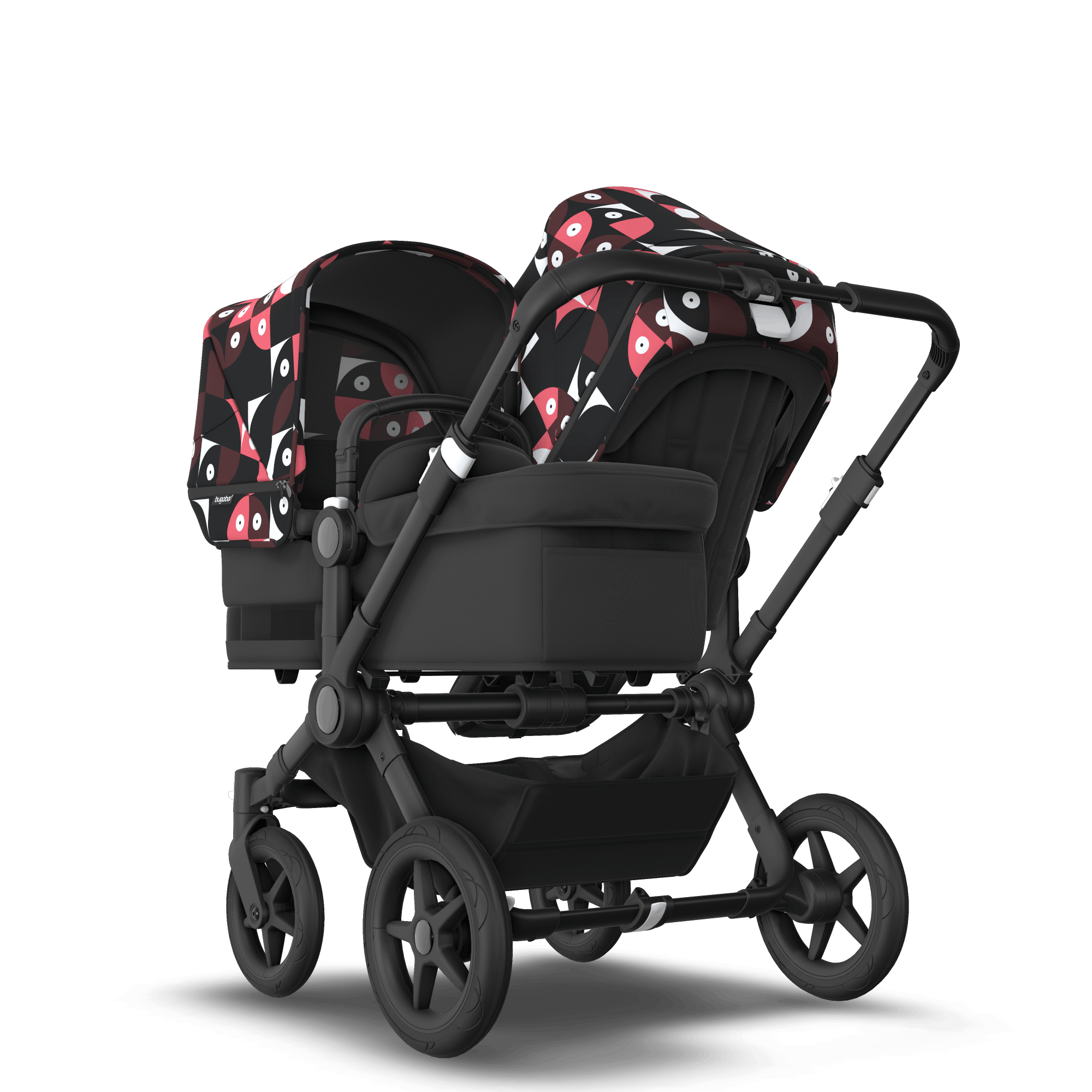 Bugaboo Donkey 5 Duo bassinet and seat stroller black base midnight black fabrics animal explorer pink/ red sun canopy