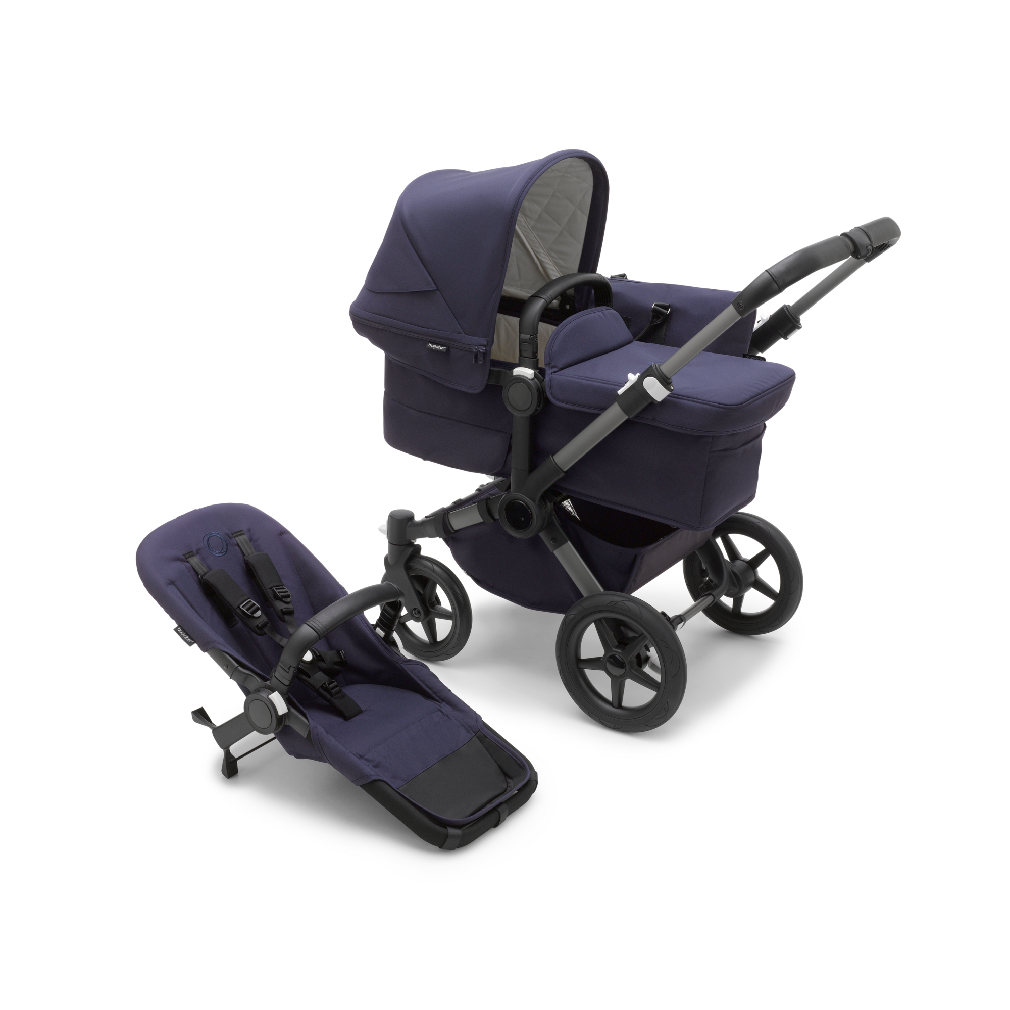Bugaboo Donkey 5 Mono bassinet and seat stroller graphite base classic collection dark navy fabrics classic collection dark navy sun canopy