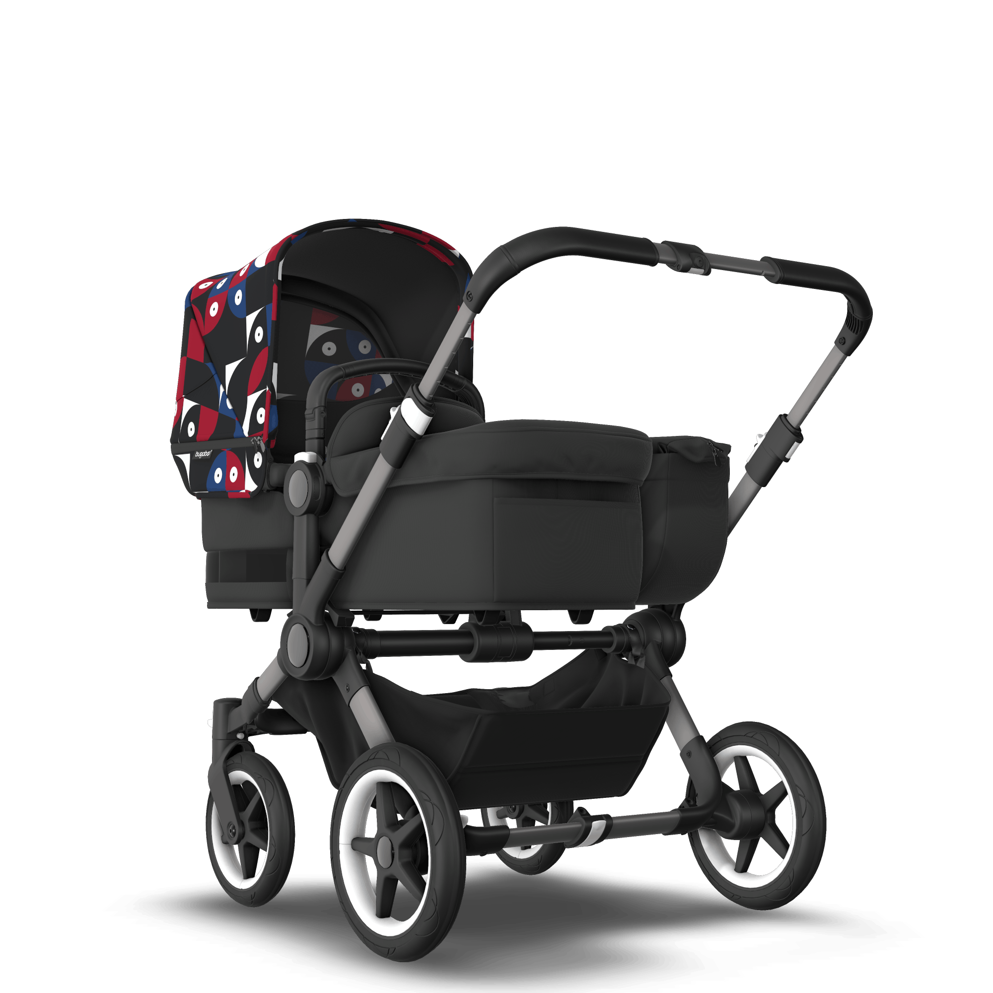 Bugaboo Donkey 5 Mono bassinet and seat stroller graphite base midnight black fabrics animal explorer red/ blue sun canopy