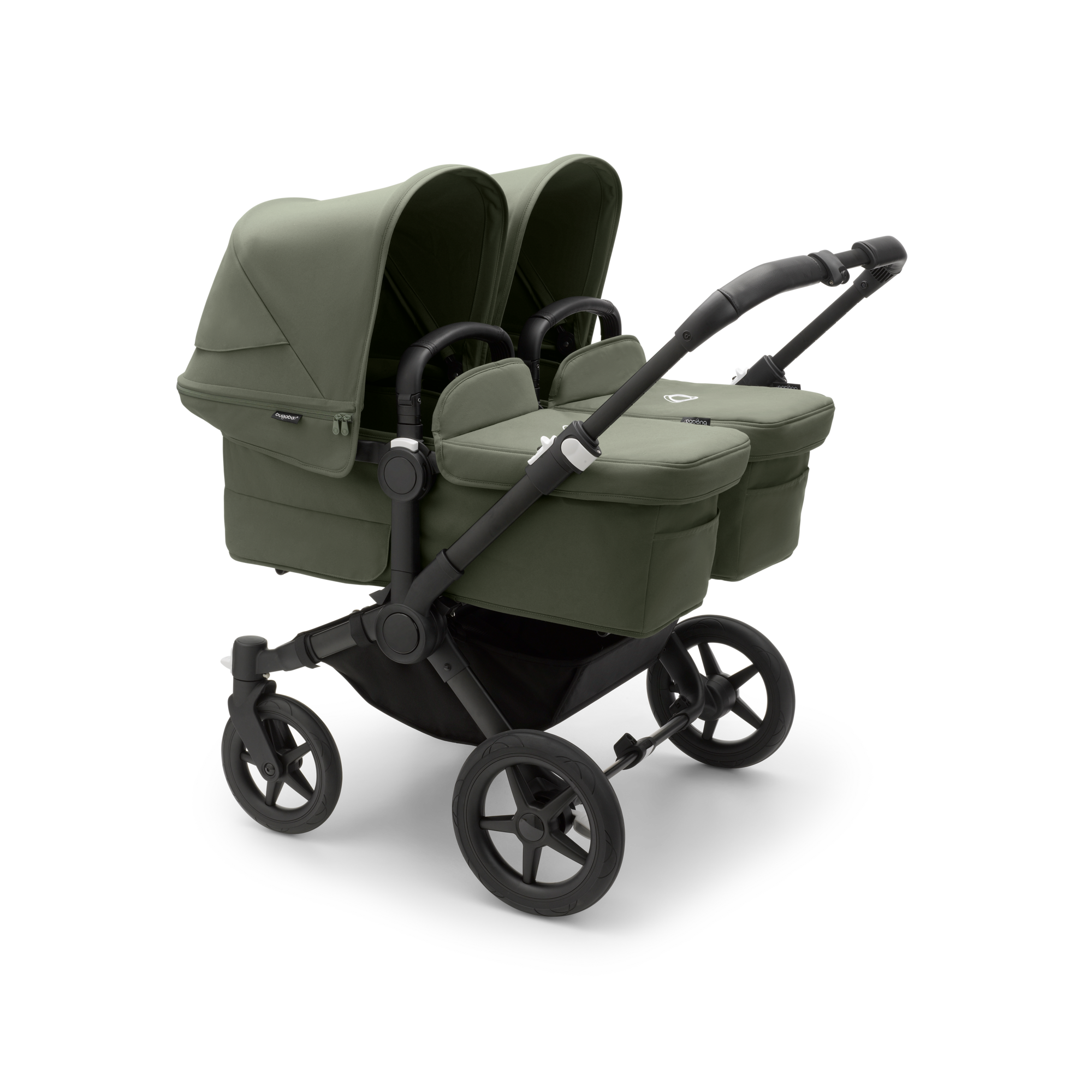Bugaboo Donkey 5 Twin bassinet and seat stroller black base forest green fabrics forest green sun canopy