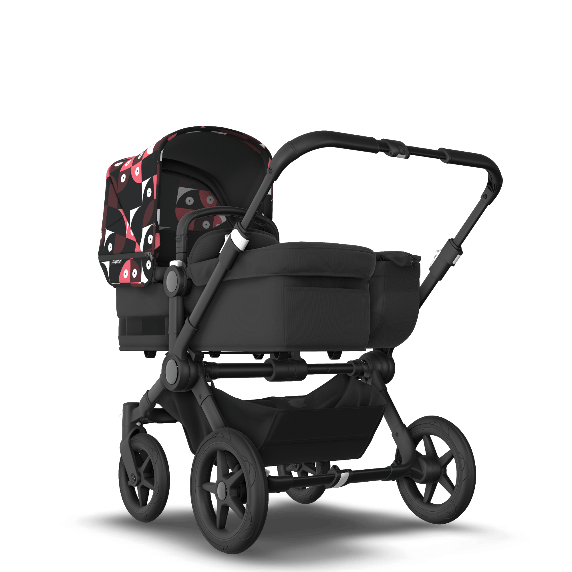 Bugaboo Donkey 5 Mono bassinet and seat stroller black base midnight black fabrics animal explorer pink/ red sun canopy
