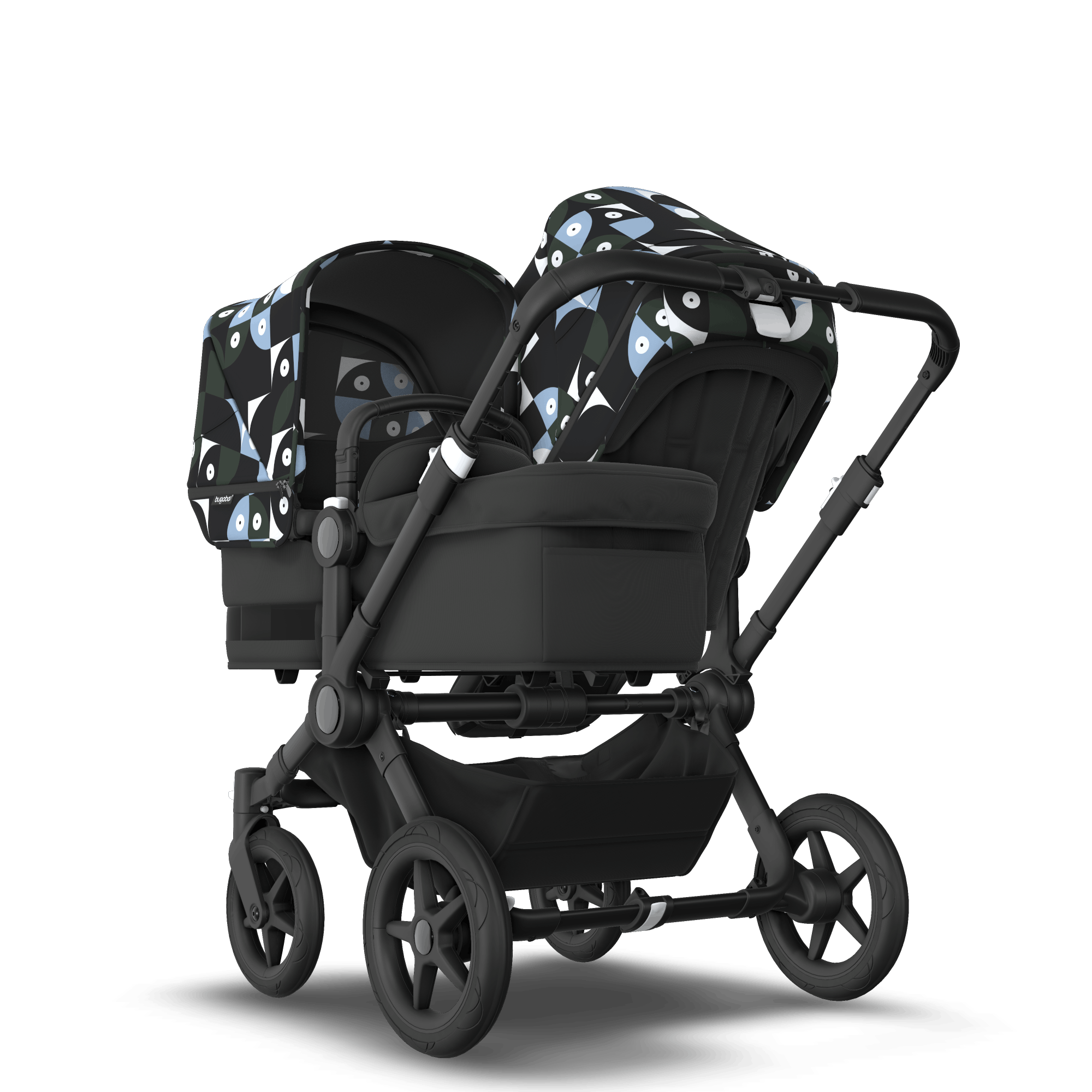 Bugaboo Donkey 5 Duo bassinet and seat stroller black base midnight black fabrics animal explorer green/ light blue sun canopy