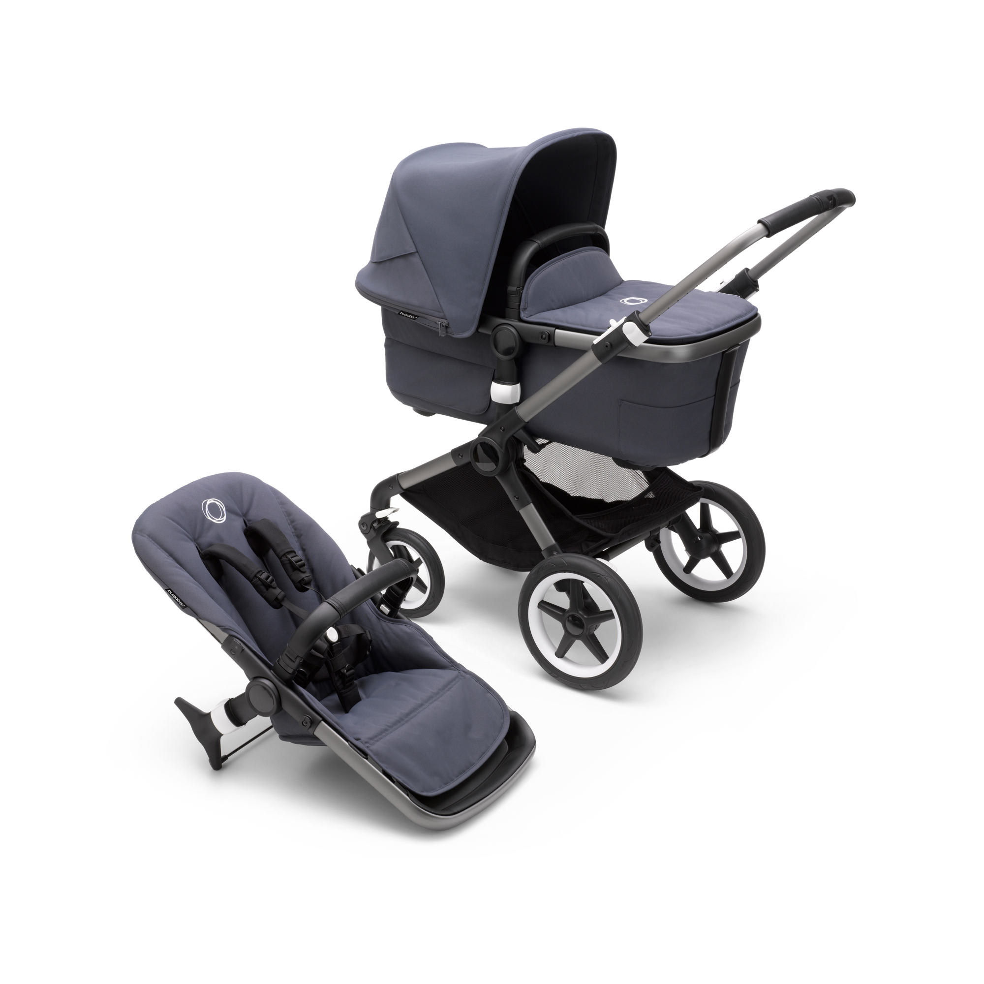 Bugaboo Fox 3 bassinet and seat stroller graphite base, stormy blue  fabrics, stormy blue sun canopy