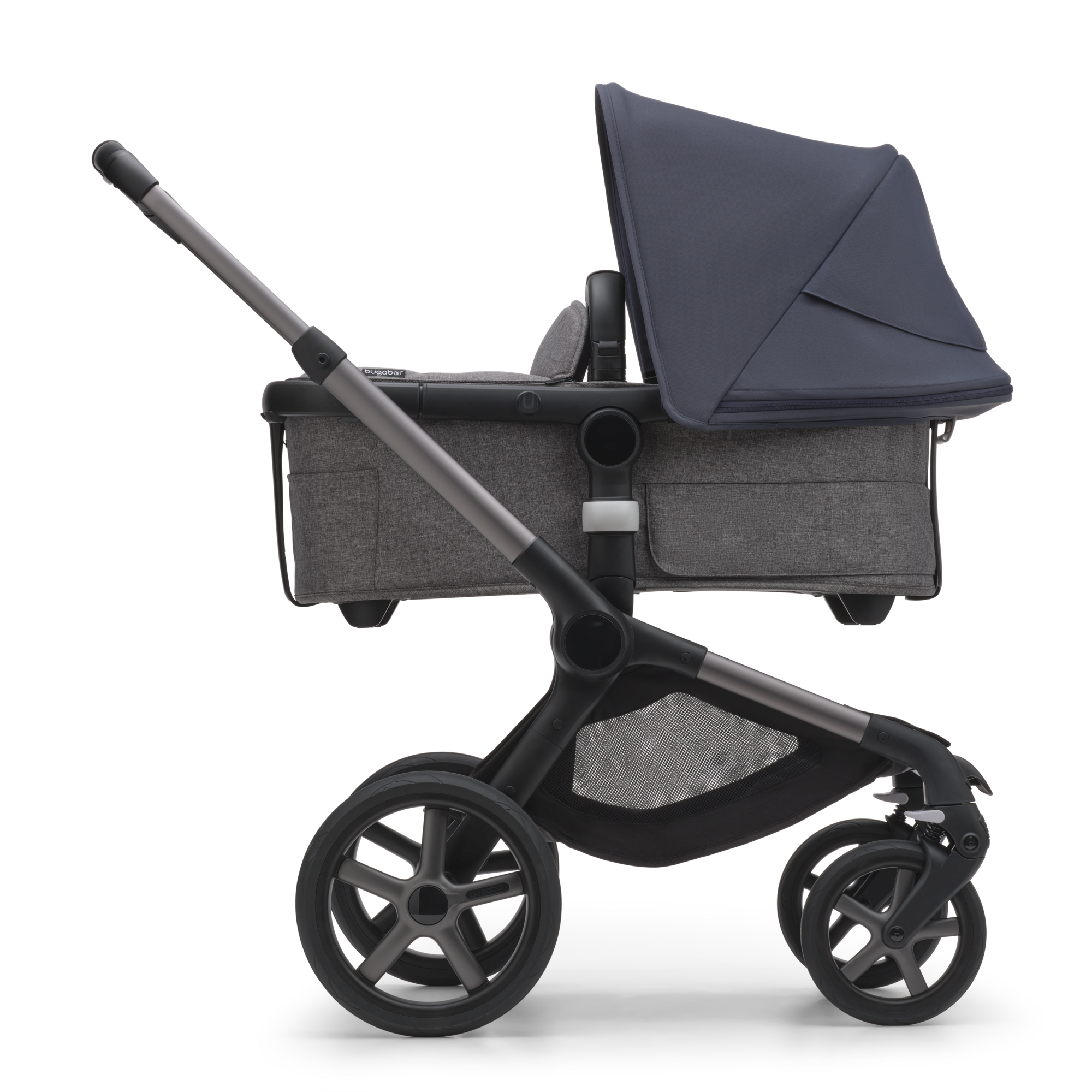 Bugaboo Fox 5 bassinet and seat stroller graphite base, grey melange  fabrics, stormy blue sun canopy